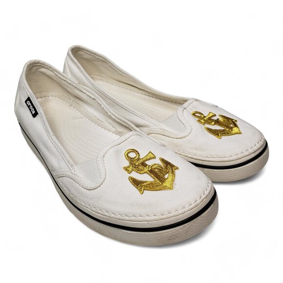 Crocs Nautical Loafer Women's Canvas Embroidered Metallic Gold Anchor Slip On 10 - Picture 1 of 13